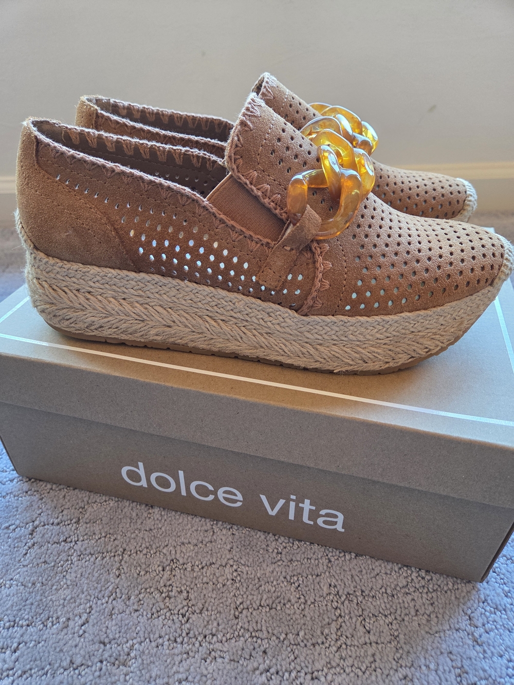 Dolce Vita Jhenee Suede Perforated Espadrille Platform Loafers with Amber Chain